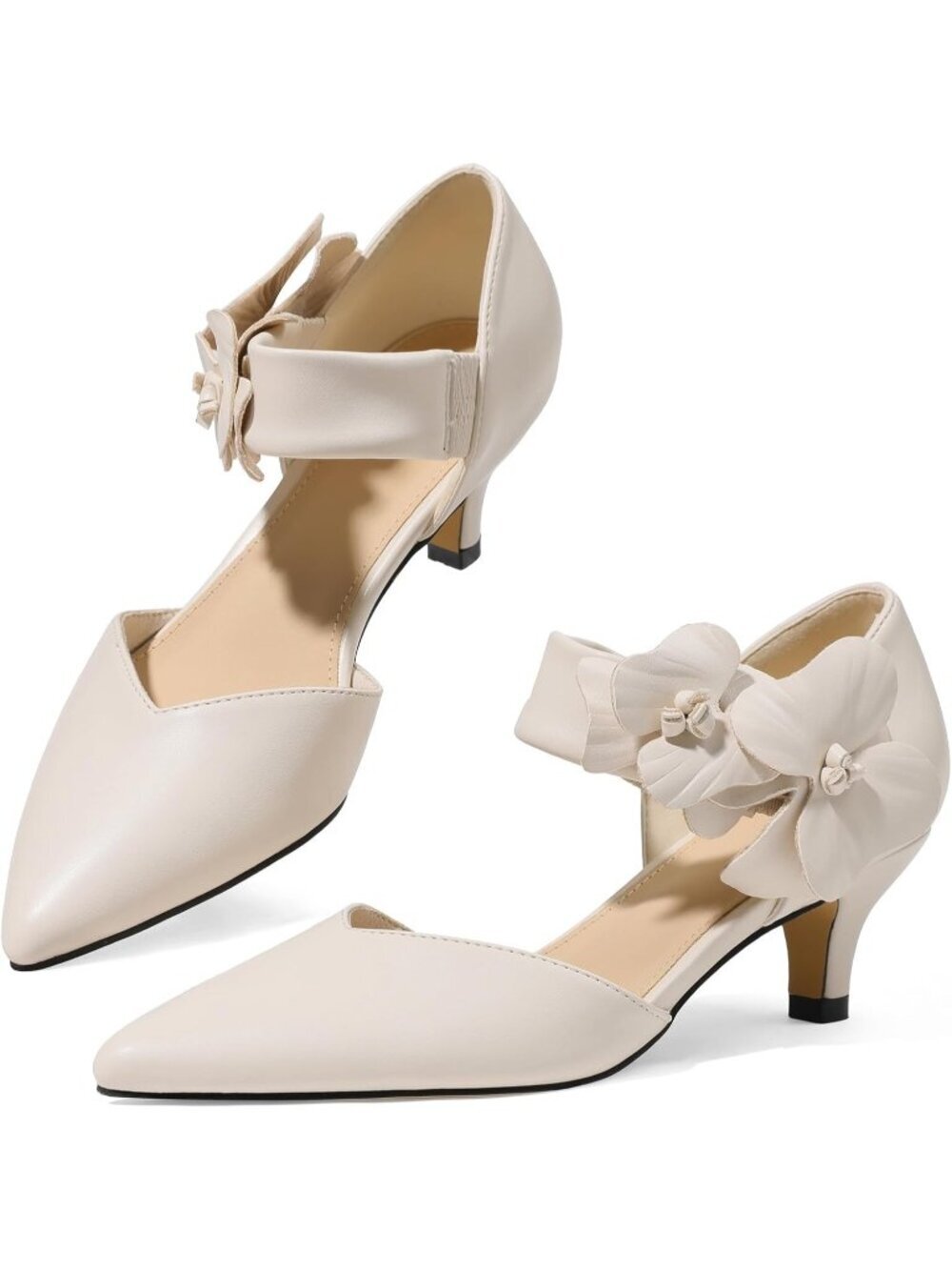 Women's Beige Pu Low Kitten Heels Closed Pointed Slip On Ankle Strap Shoes
